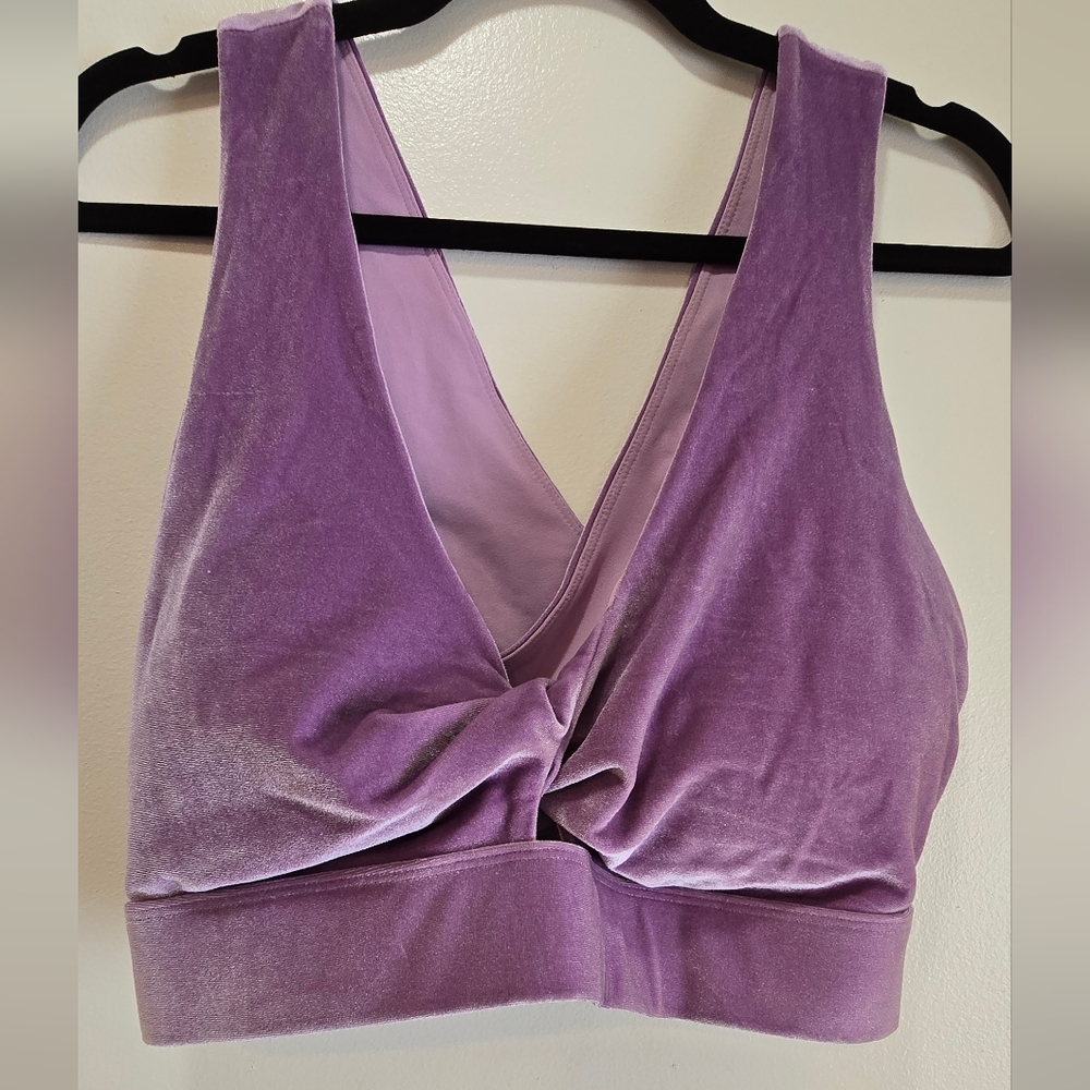 Fabletics Oasis Twist Front Purple Velour Sports Bra